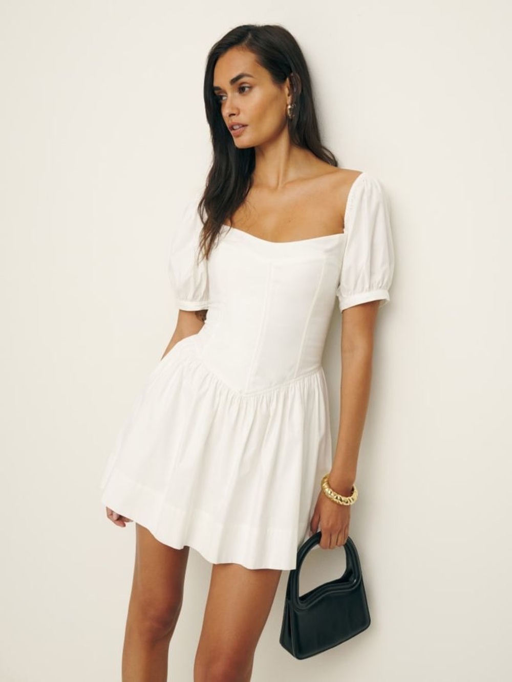 NWOT Reformation Calie Dress in White ๐ค โข Size 2 โข Corset drop-waist mini dress